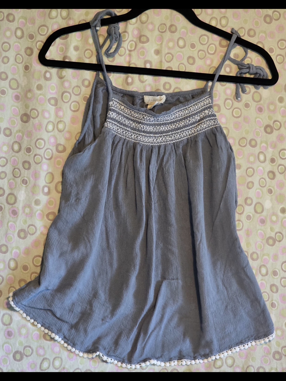Passport Blue Tie-Strap Camisole with Pom Hem